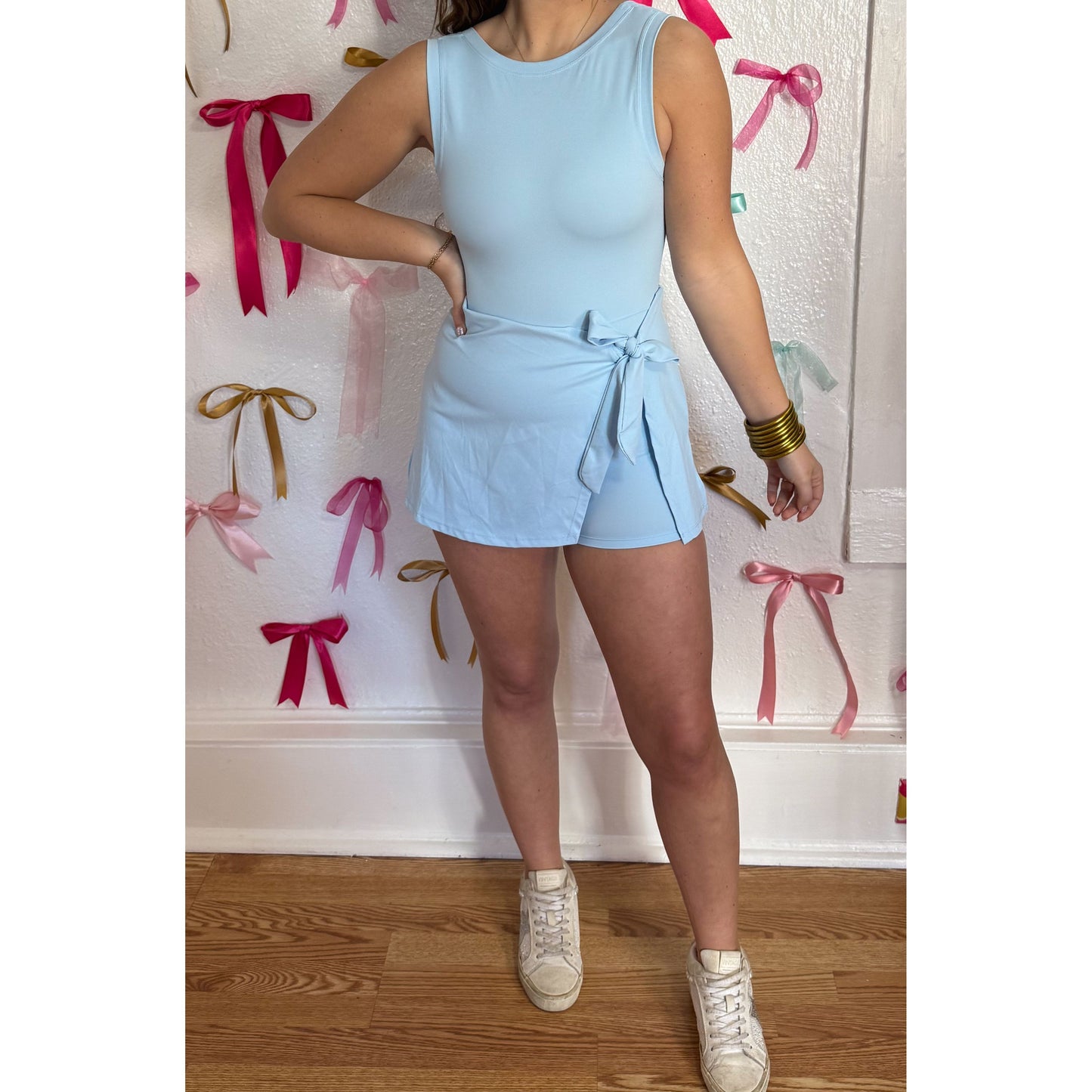 Sarah Athleisure Tie Romper, Baby Blue