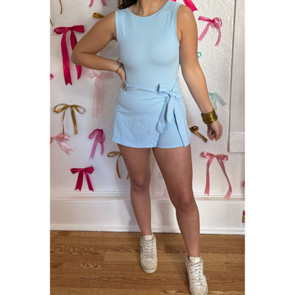 Sarah Athleisure Tie Romper, Baby Blue