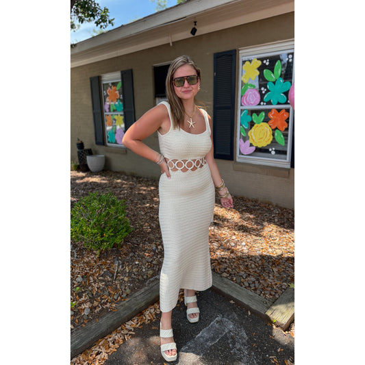 O-Ring Crochet Midi Dress, Cream