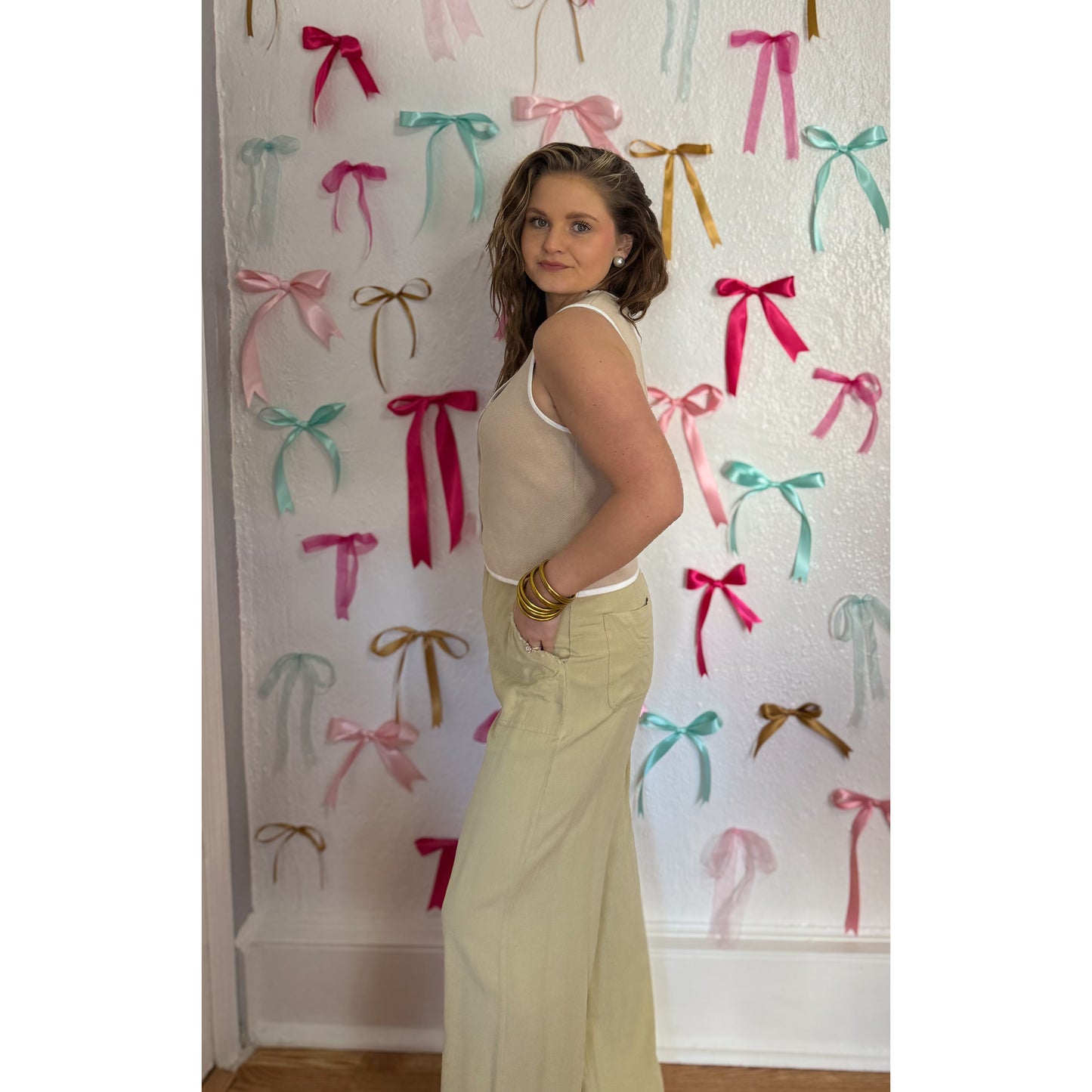 Caroline Button Vest, Taupe/White