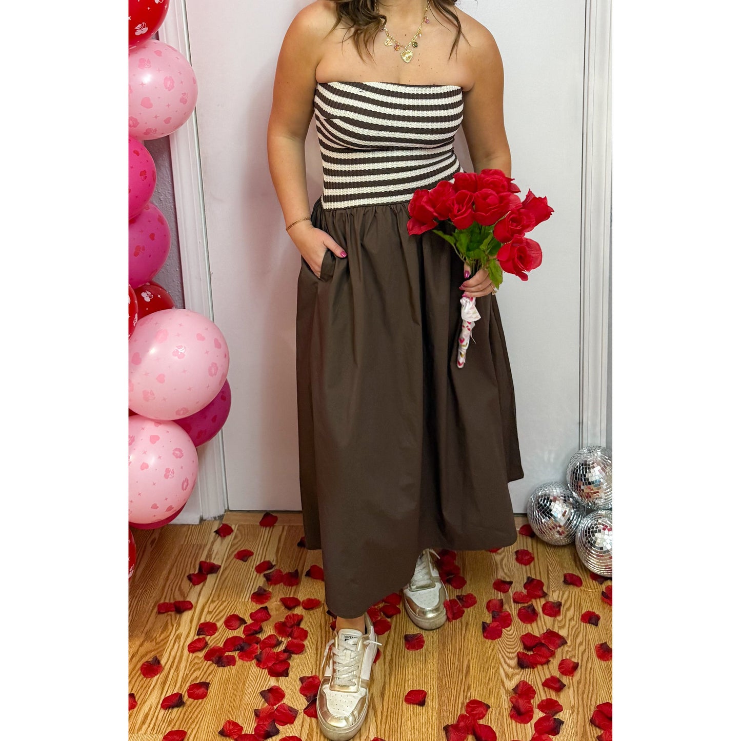 Stripe Detail Midi Dress, Chocolate/Ivory