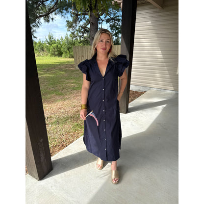 Navy Ruffle Collar Maxi Dress
