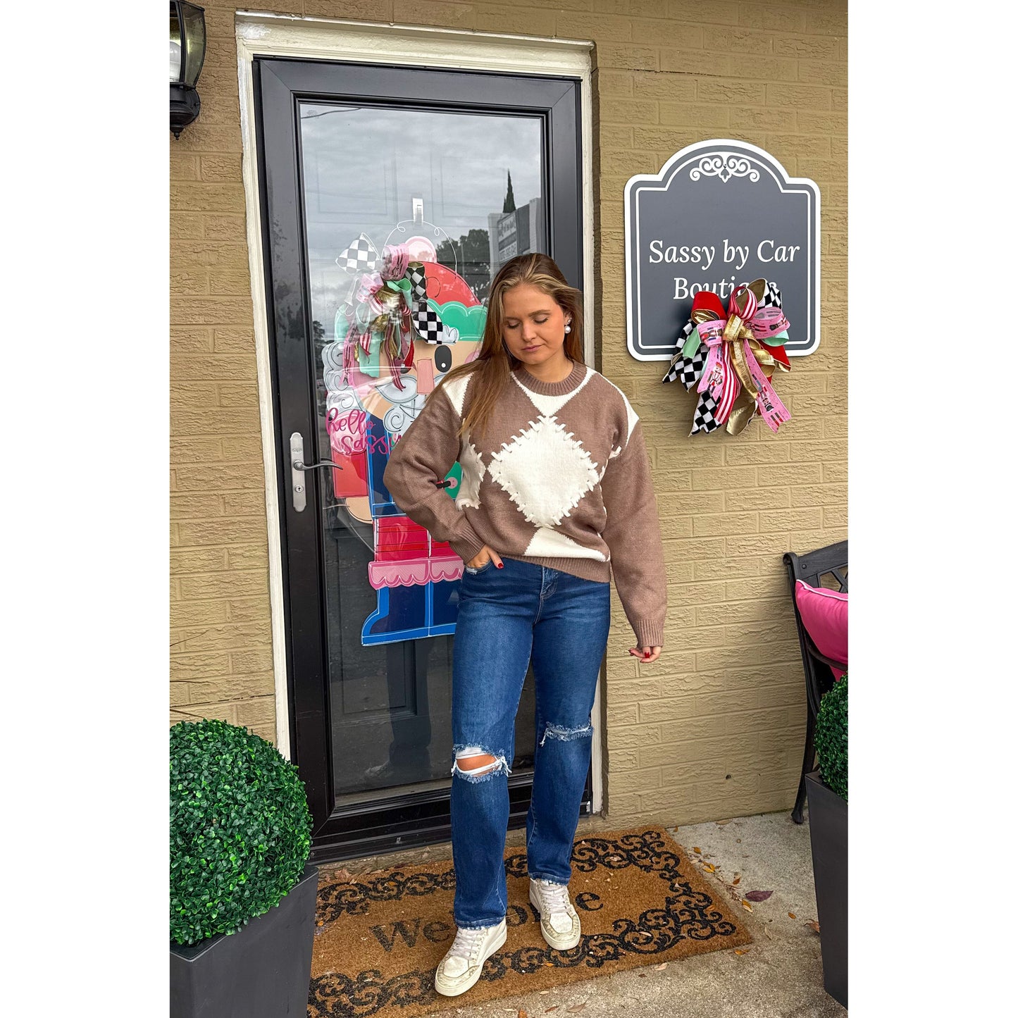 Mocha/Ivory Harlequin Detail Sweater