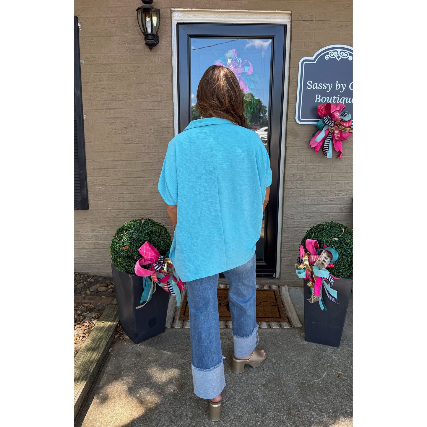 Hannah V-Neck Top, Aqua Blue