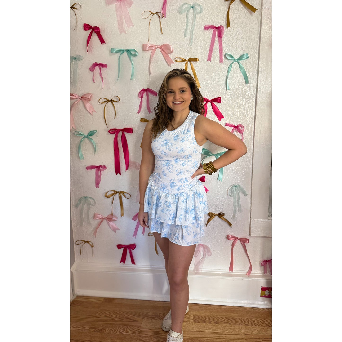 Floral Athleisure Romper, Baby Blue/White