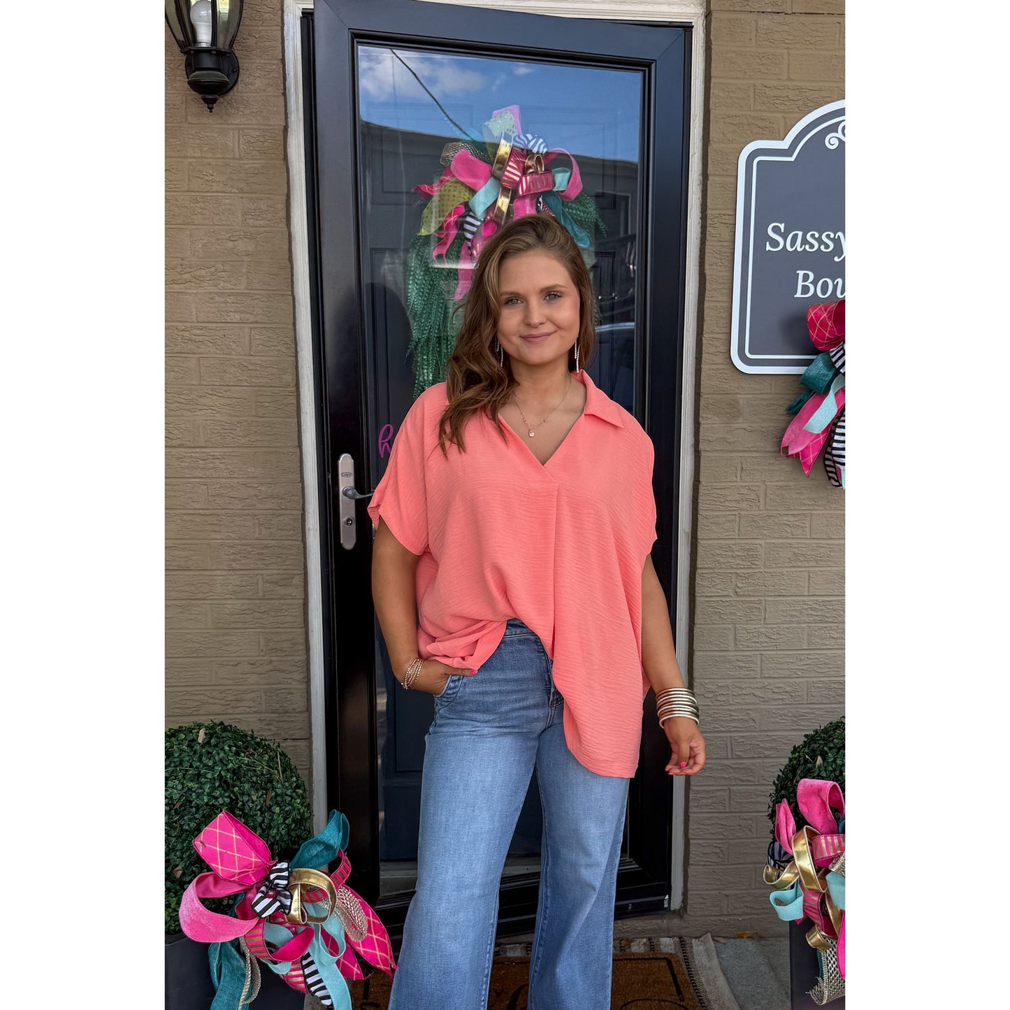 Hannah V-Neck Top, Coral