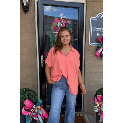 Hannah V-Neck Top, Coral