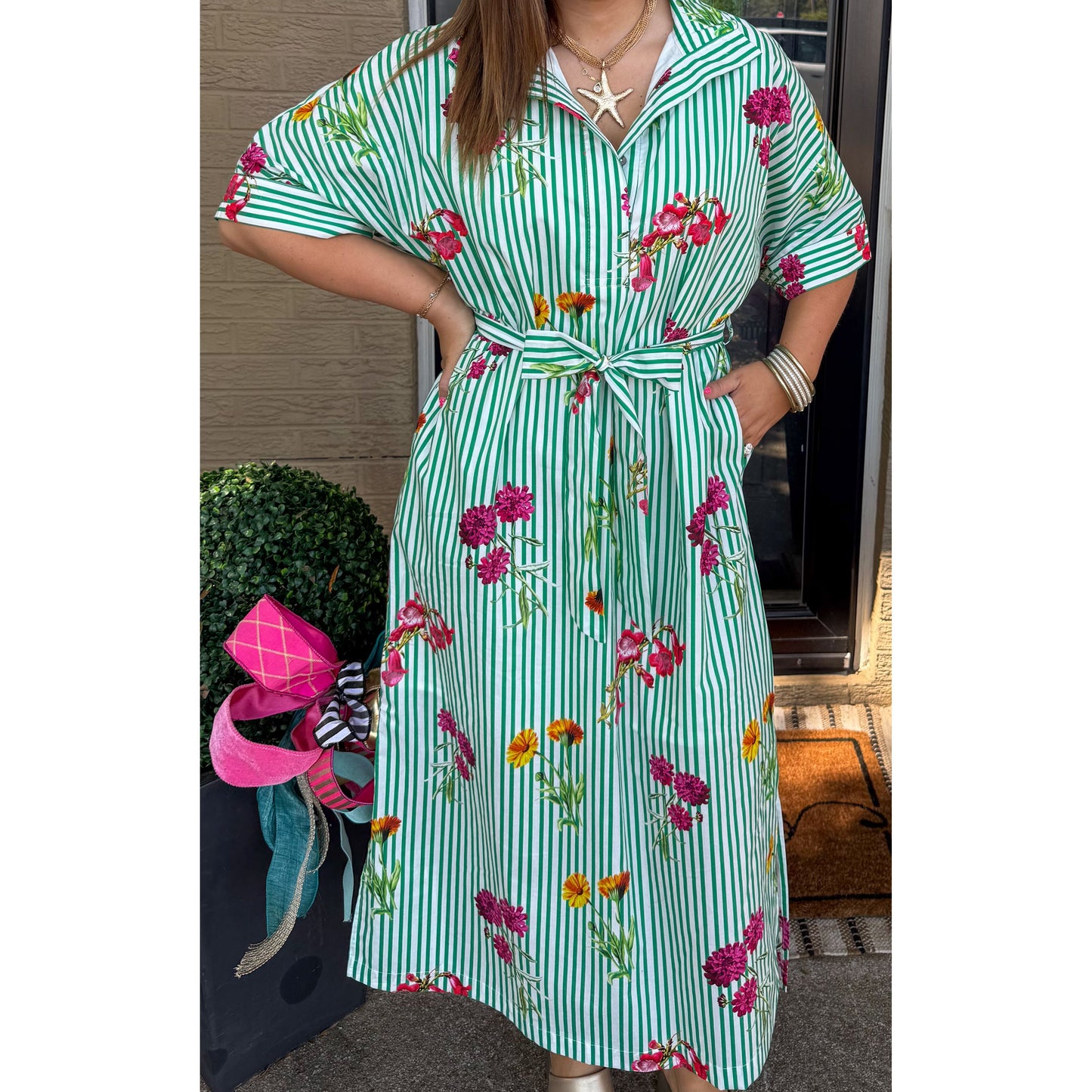 Lilly Detail Midi Dress, Green Multi