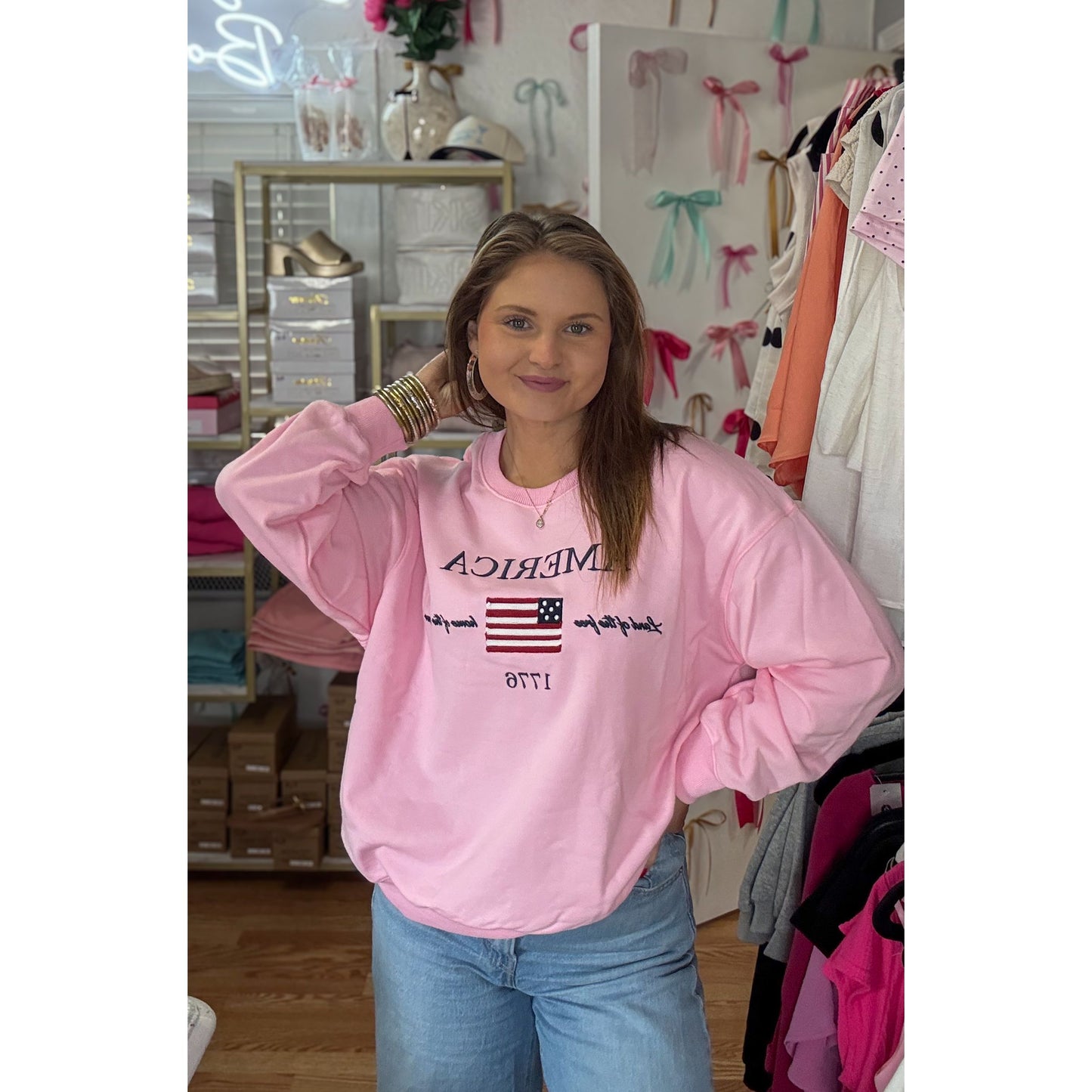 Land of the Free Sweatshirt, Baby Pink