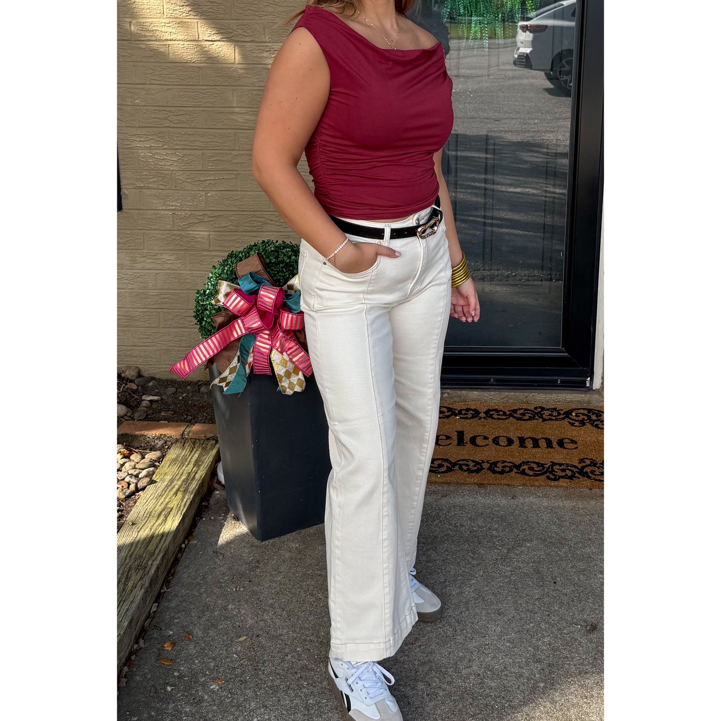 Asymmetrical Neckline Top, Burgundy