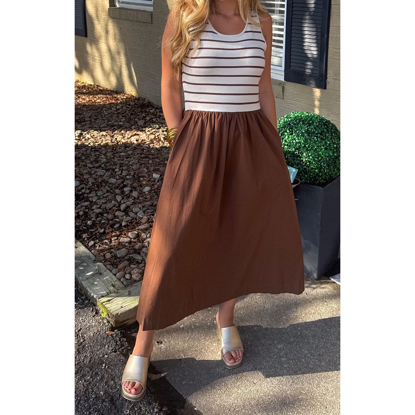 Brielle Detail Midi Dress, Brown/Ivory