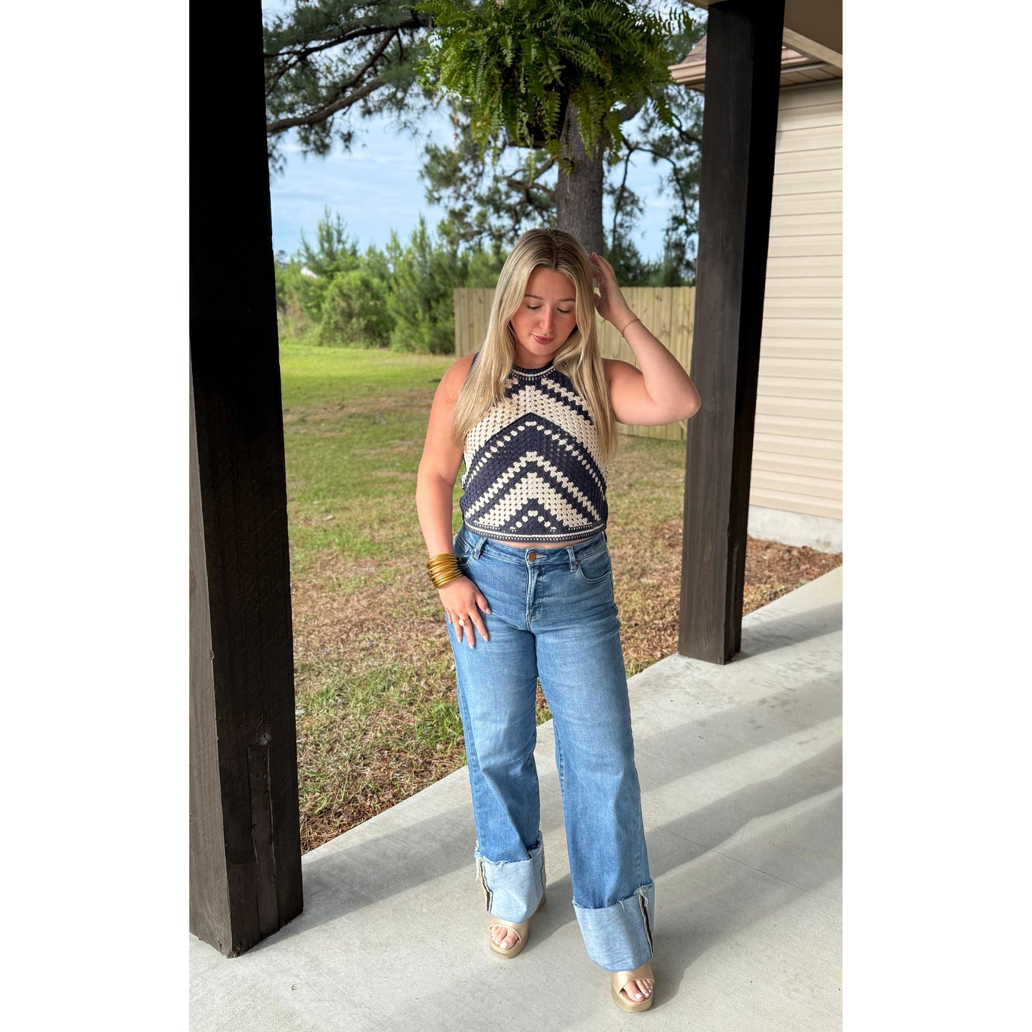 Crochet Crop Top, Navy/Ivory