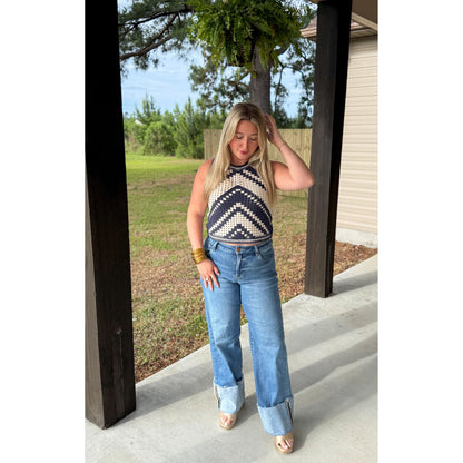 Crochet Crop Top, Navy/Ivory
