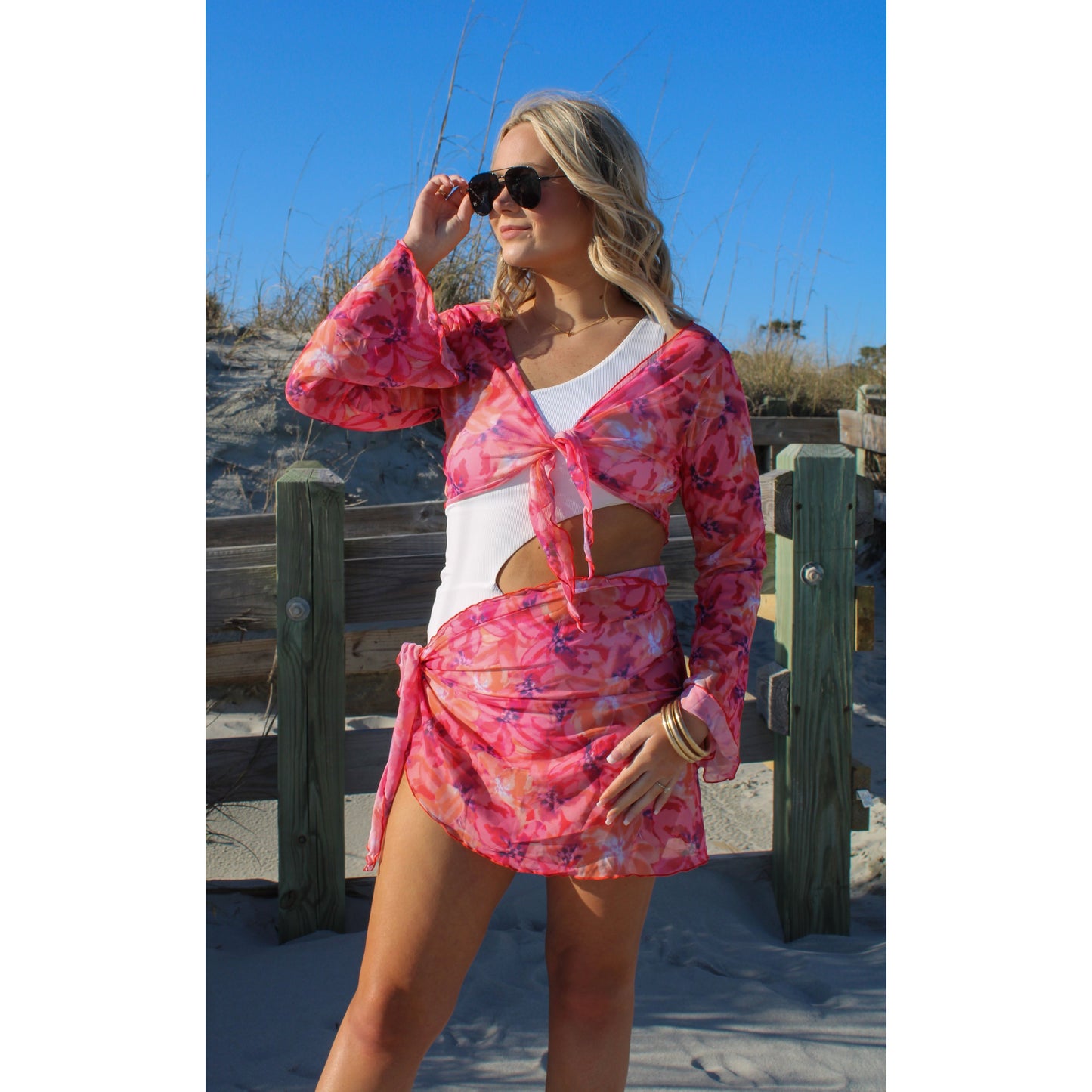Emberly Floral Sheer Coverup, Pink/Red Floral