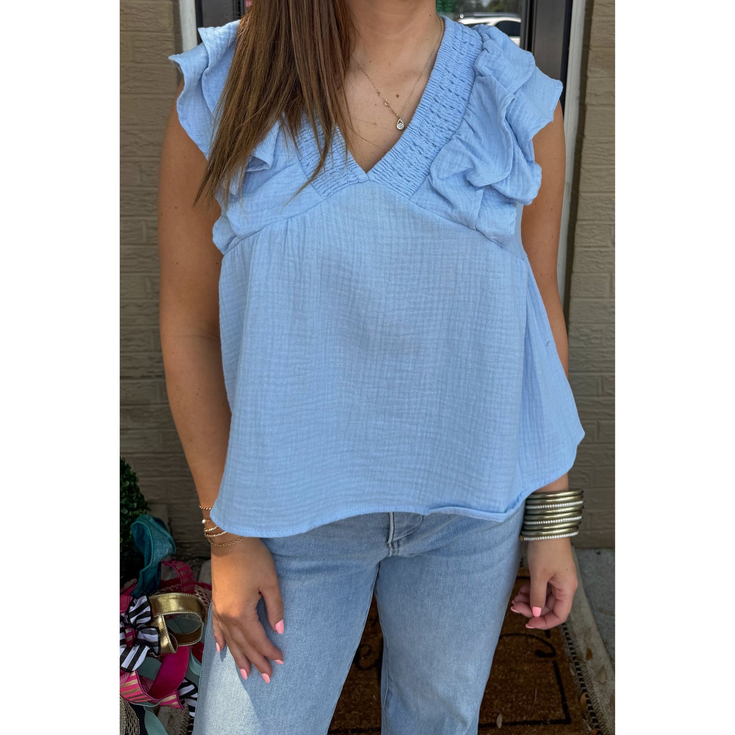 Dovie Detail Top, Sky Blue