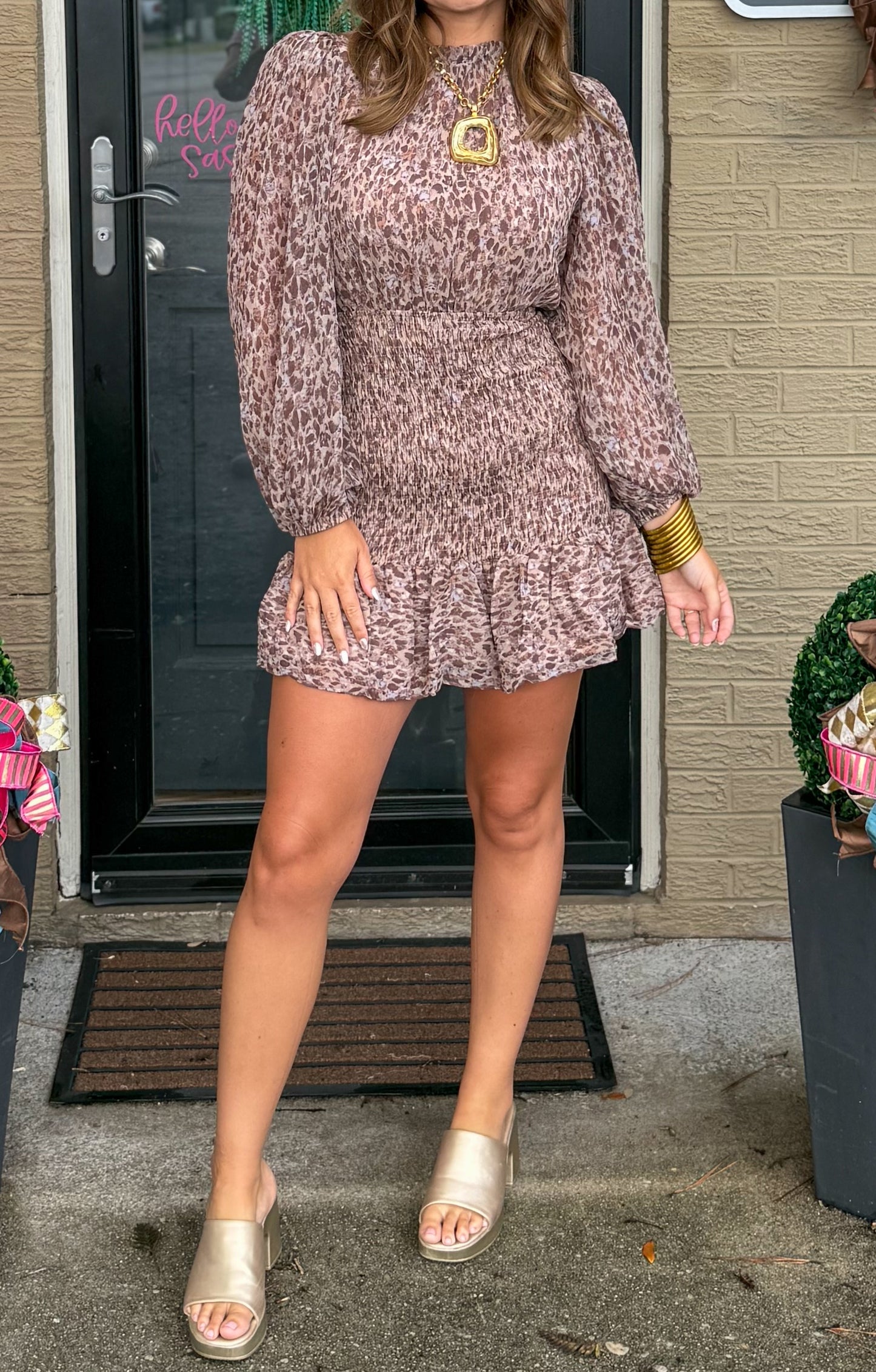 Parker Detail Mini Dress, Brown Multi