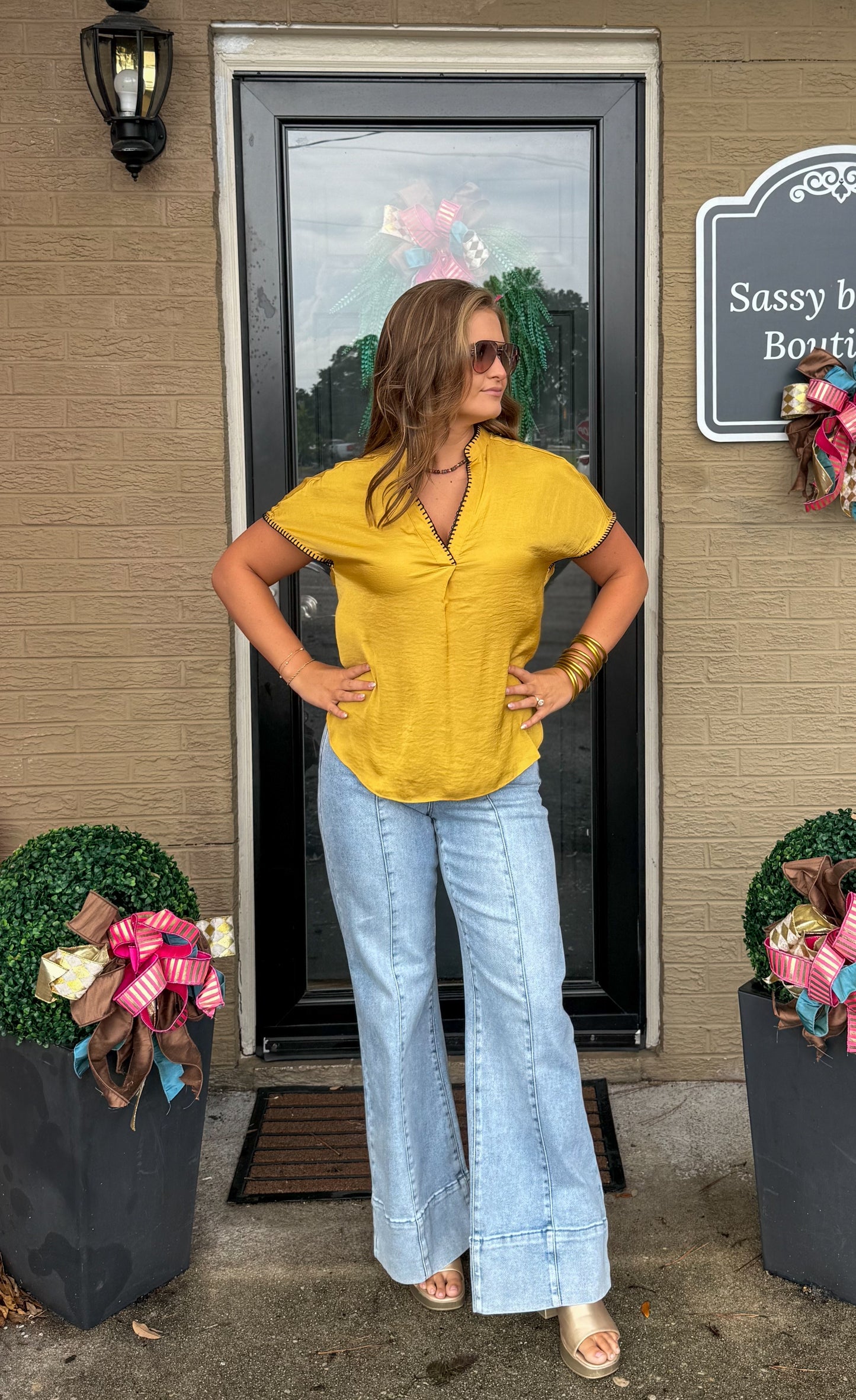 Laine Stitch Detail Top, Mustard/Black