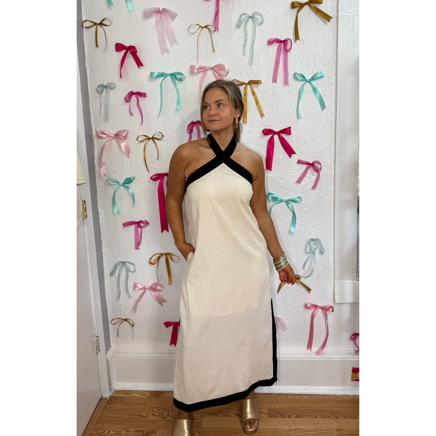 Cream/Black Linen Maxi Dress