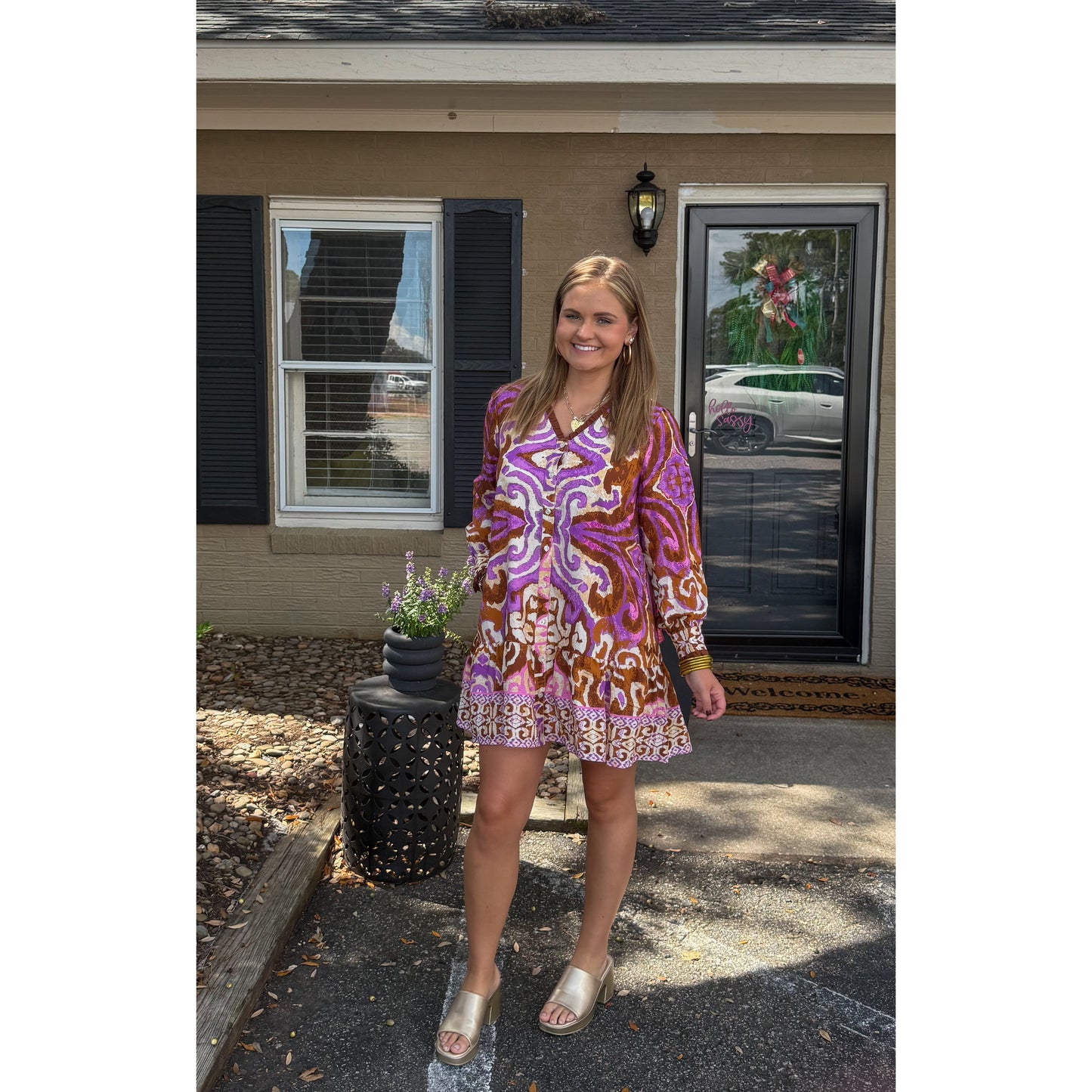 Catherine Pattern Mini Dress, Purple Multi
