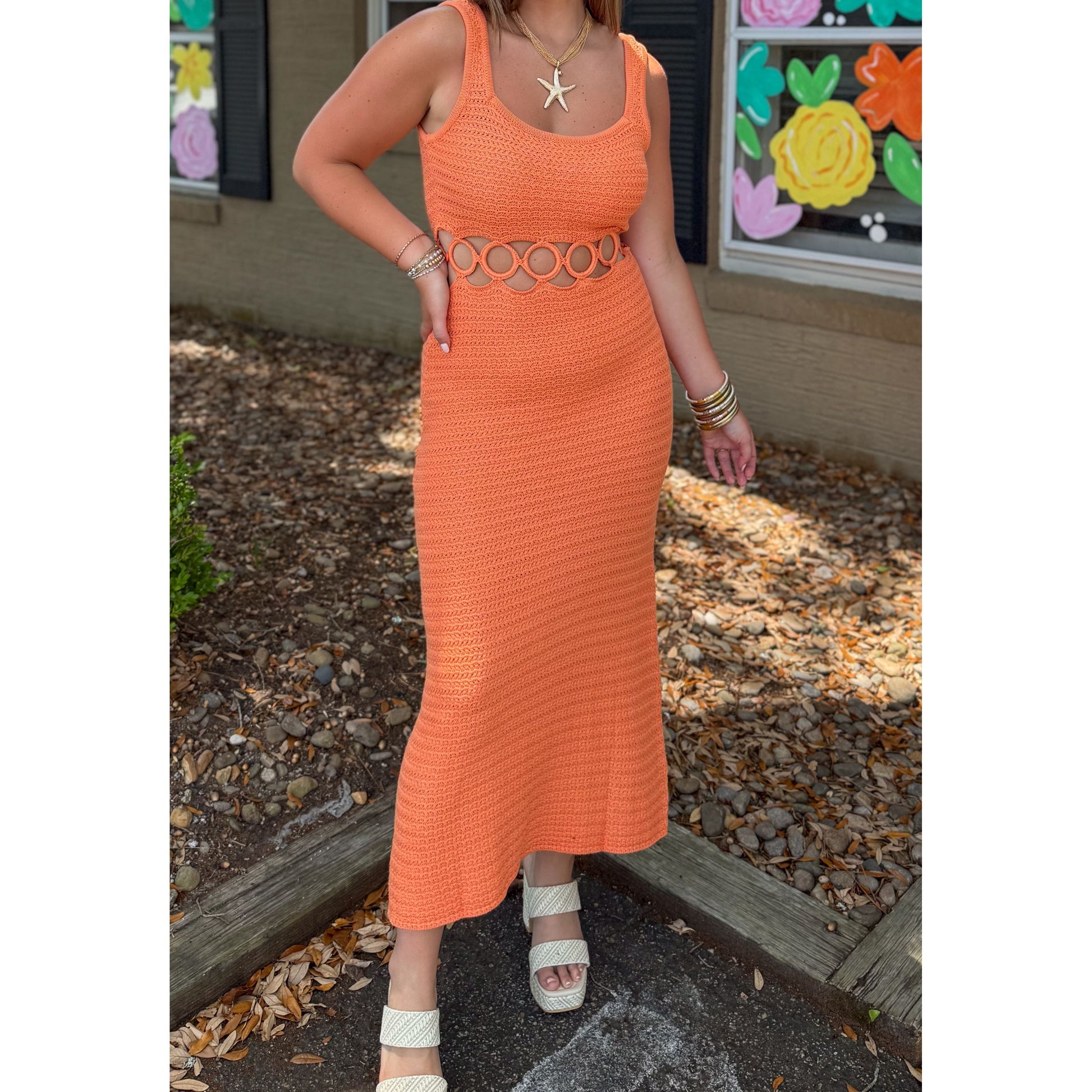 orange crochet midi dress Goddess Halterneck Asymmetrical Hem Crochet Midi Dress Orange