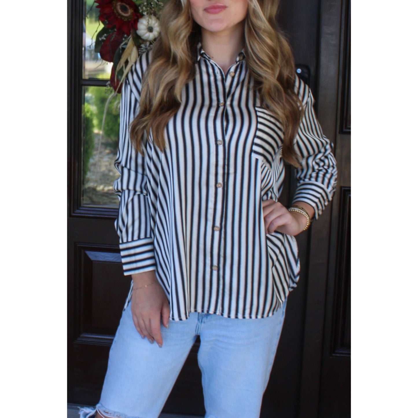 Becca Satin Striped Blouse, Black/White