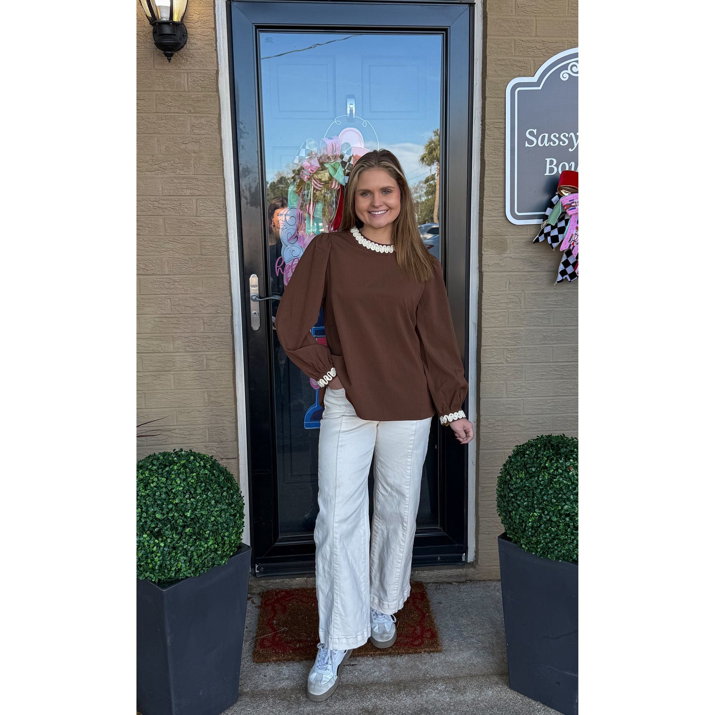 Brooke Detail Blouse, Brown/Ivory