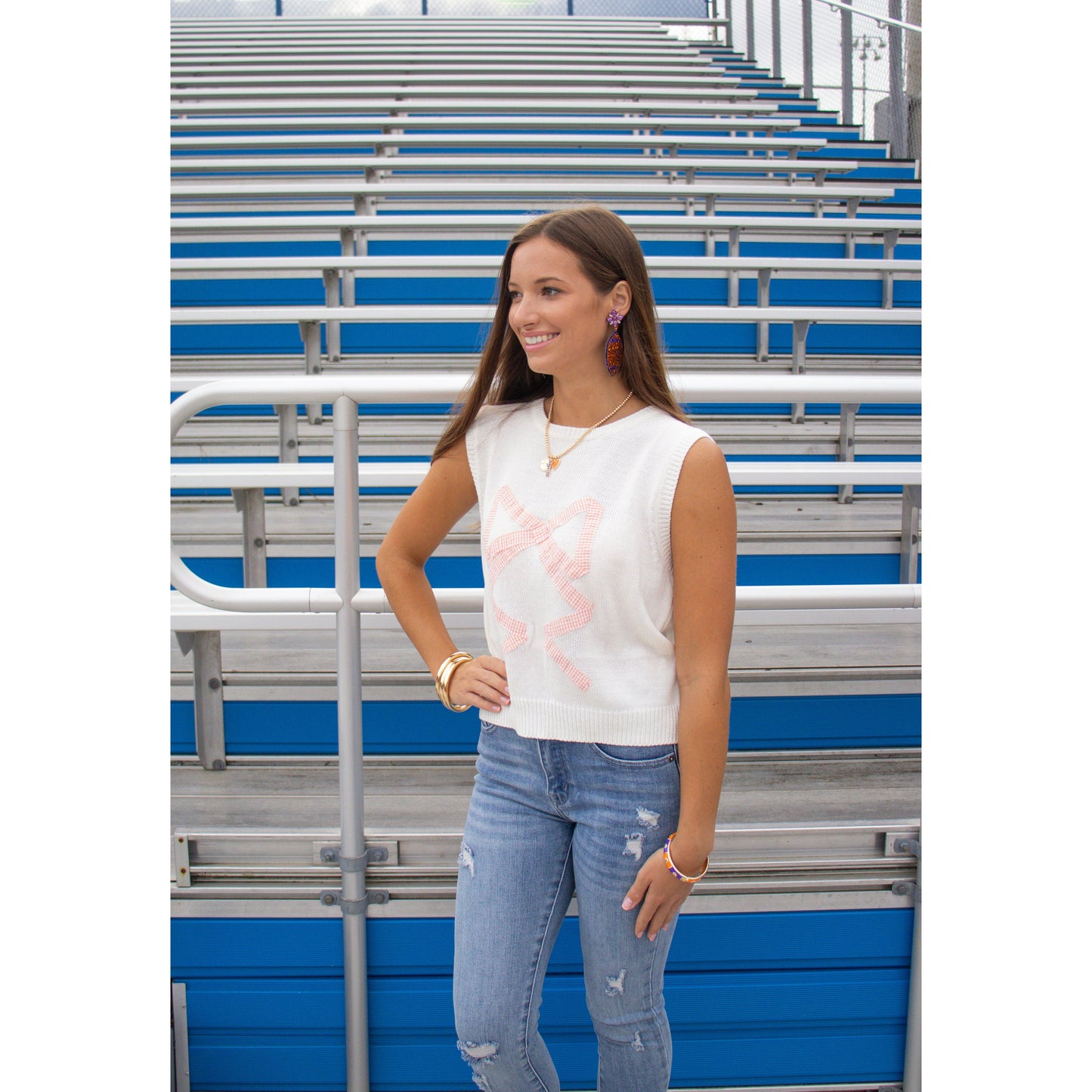 Bow & Gingham Top, Orange/Ivory