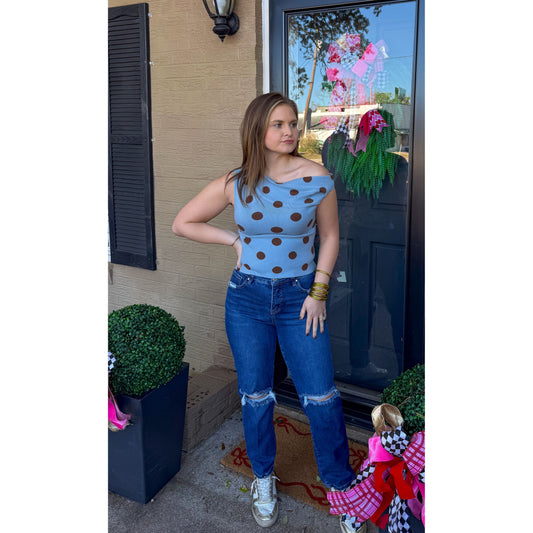 Polka Dot Asymmetrical Detail Top, Blue/Brown