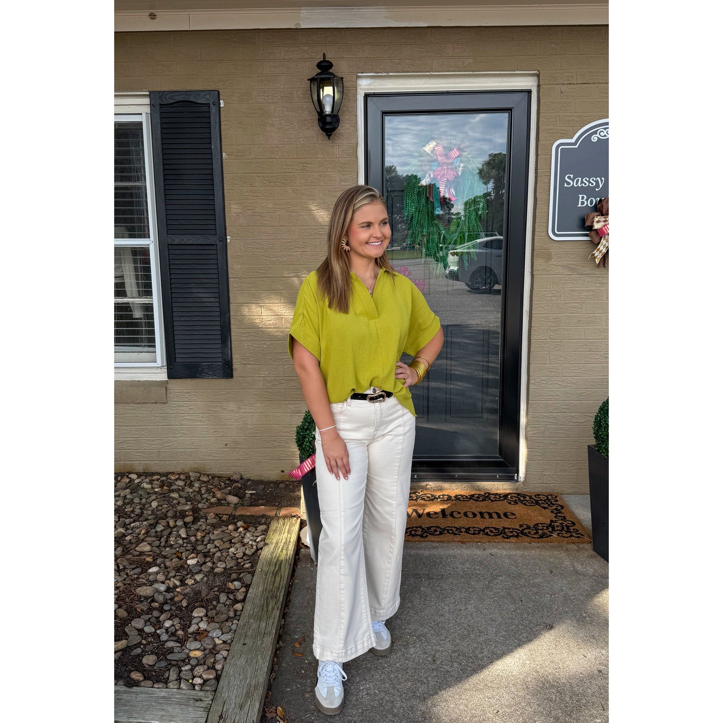 Julianna V-Neck/Collar Top, Chartreuse