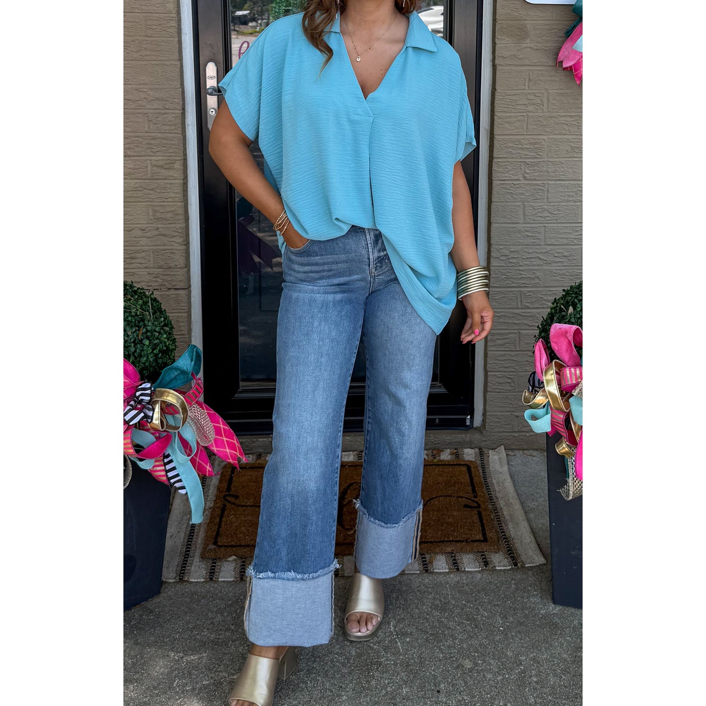 Hannah V-Neck Top, Aqua Blue