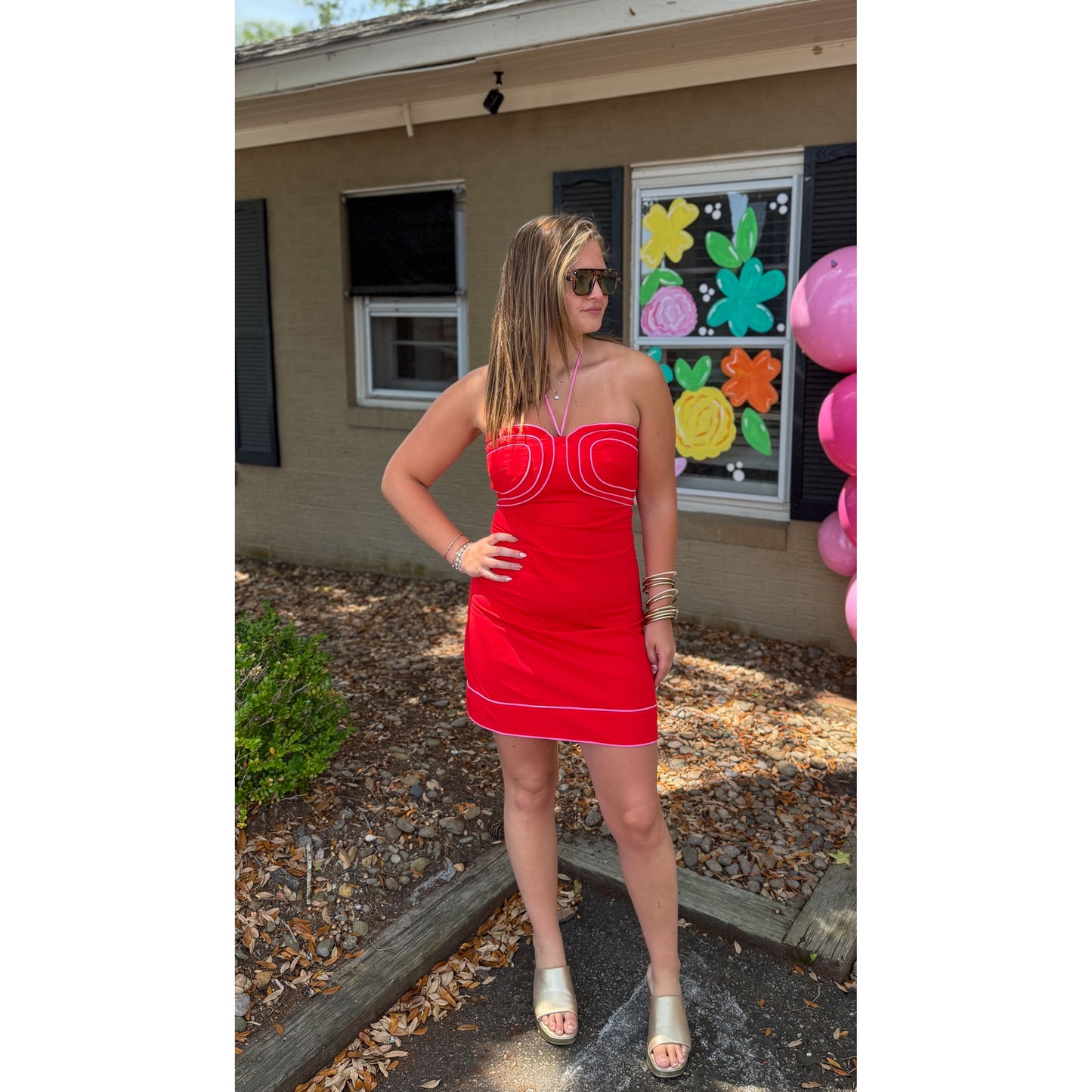 Josie Detail Mini Dress, Red/Pink