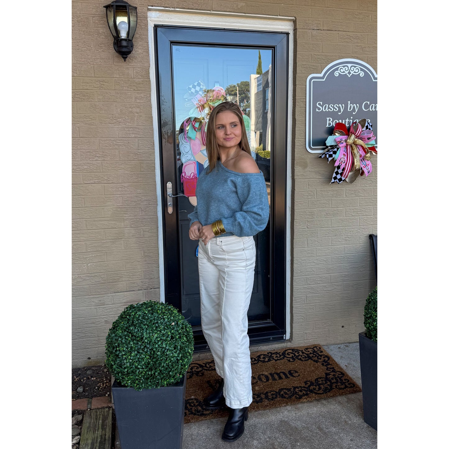 Noelle Asymmetrical Neckline Sweater, Blue