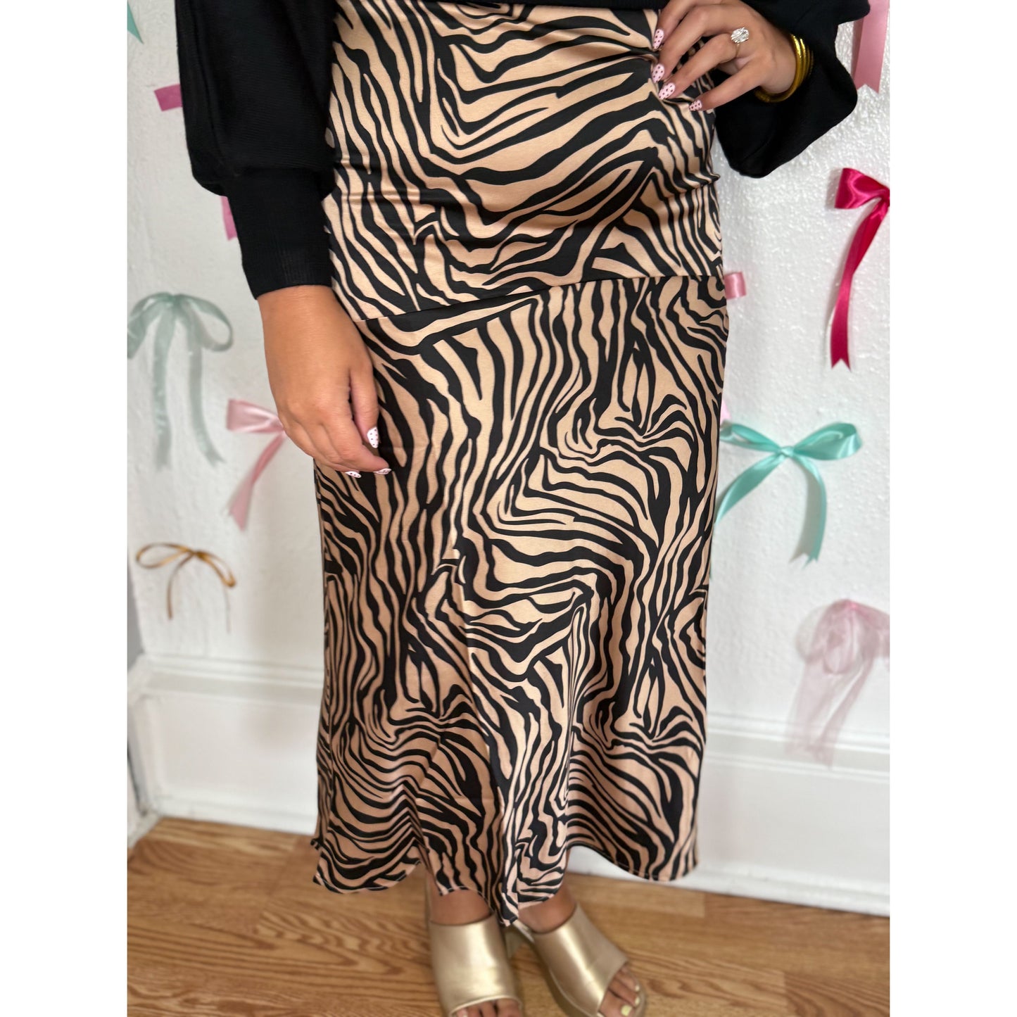 Zebra Print Midi Skirt, Taupe/Black
