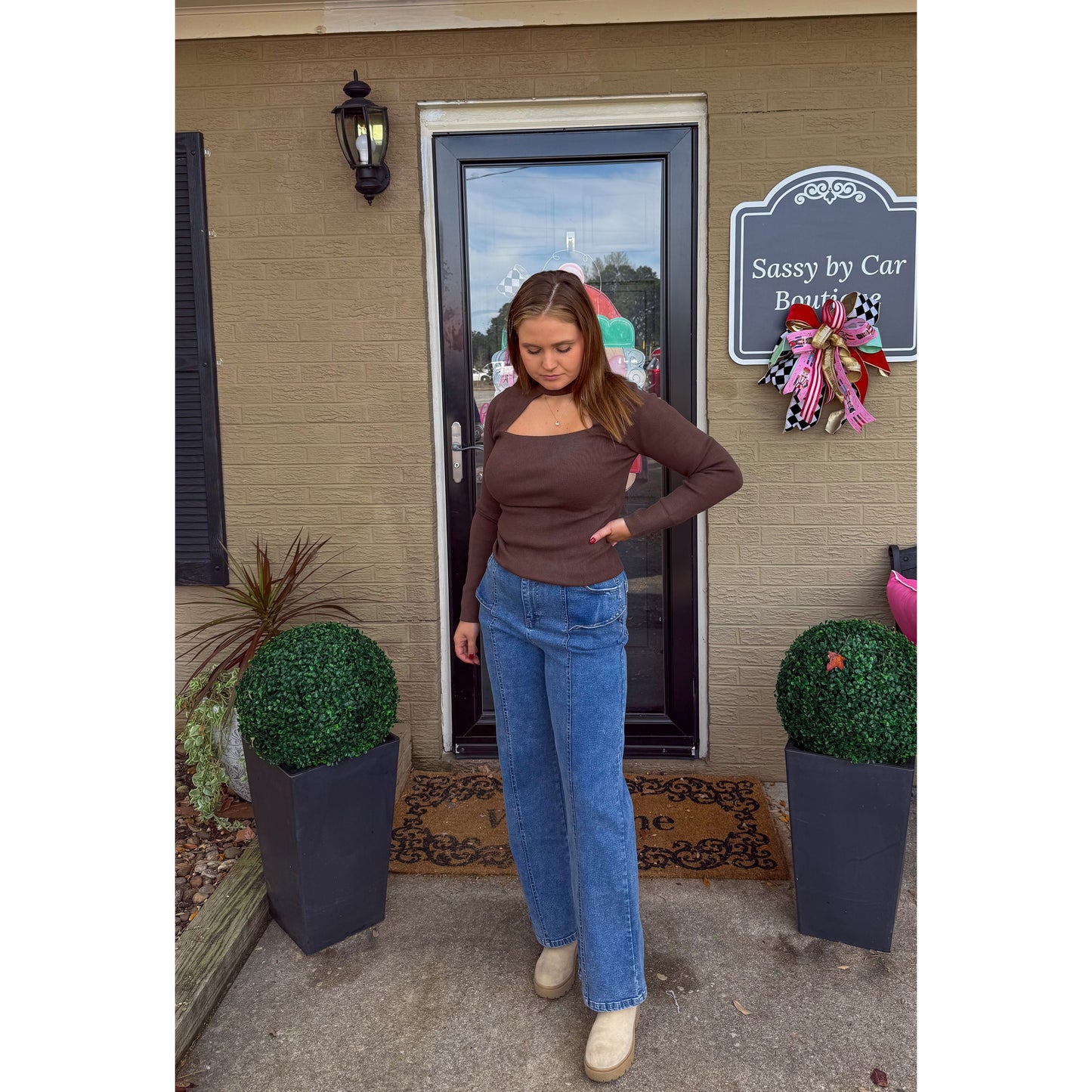 Mock Neck Cutout Top, Dark Brown