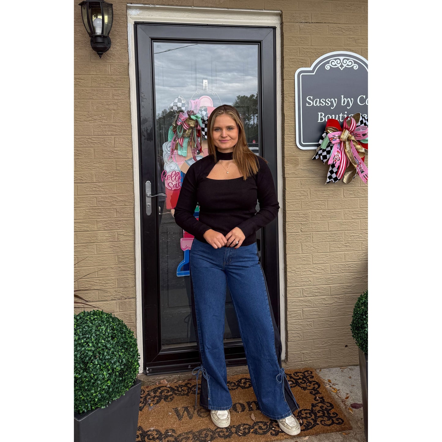 Mock Neck Cutout Top, Black