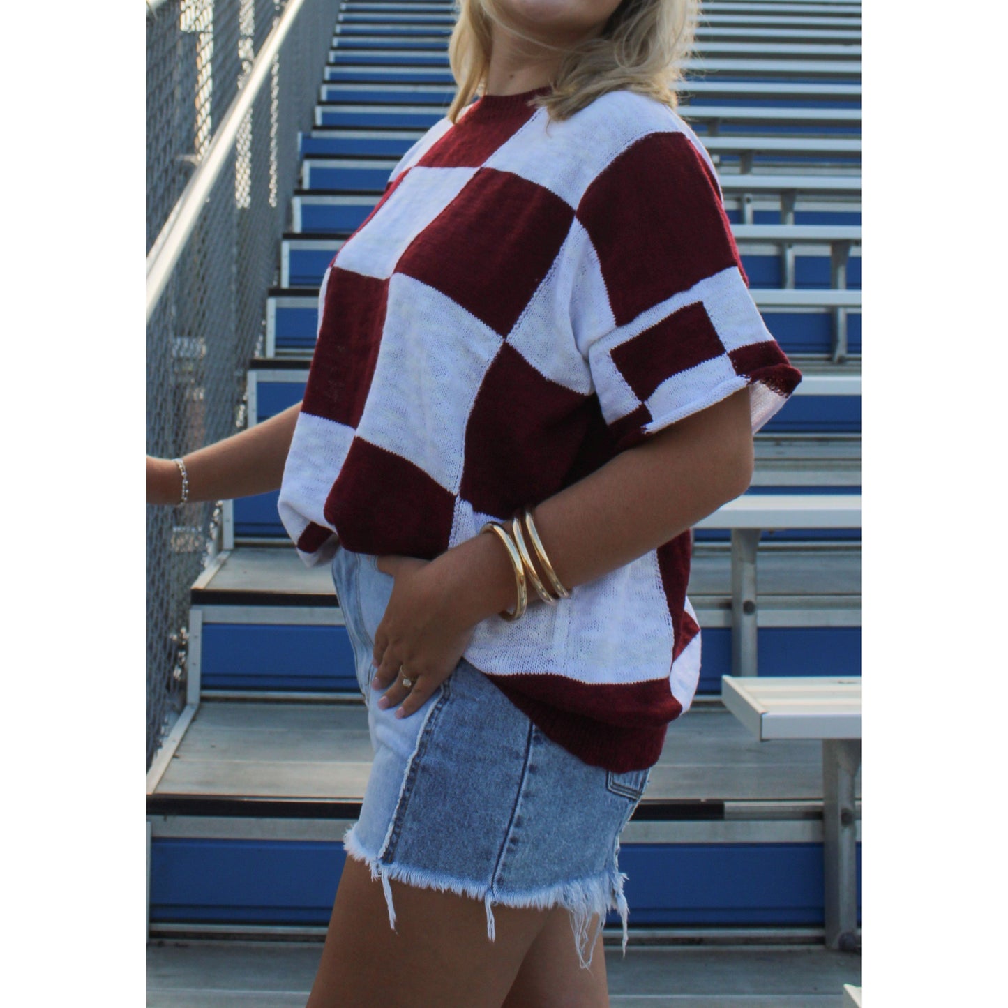 Goal Line Checkered Top, Garnet/White