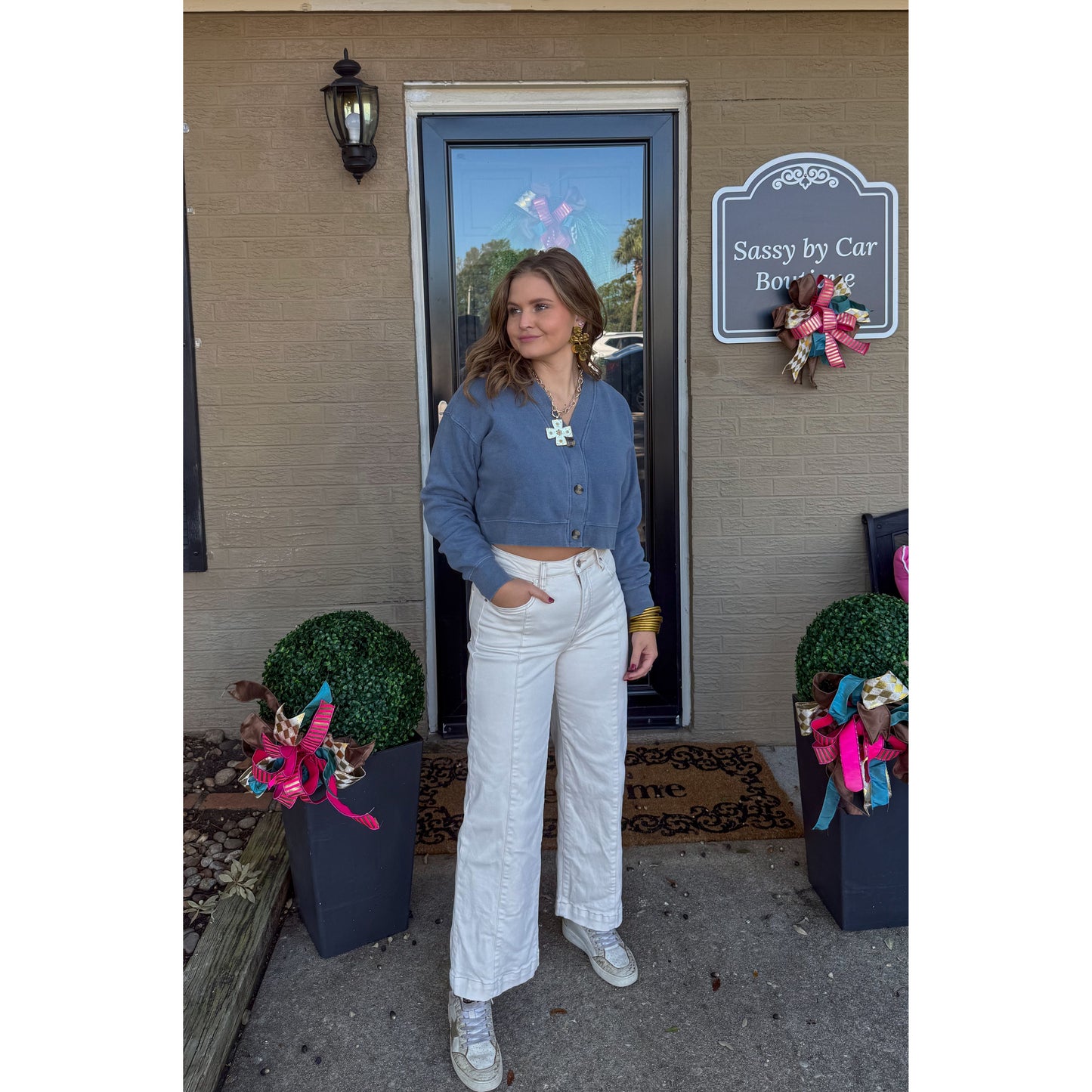 Grace V-Neck/Button Sweatshirt, Blue