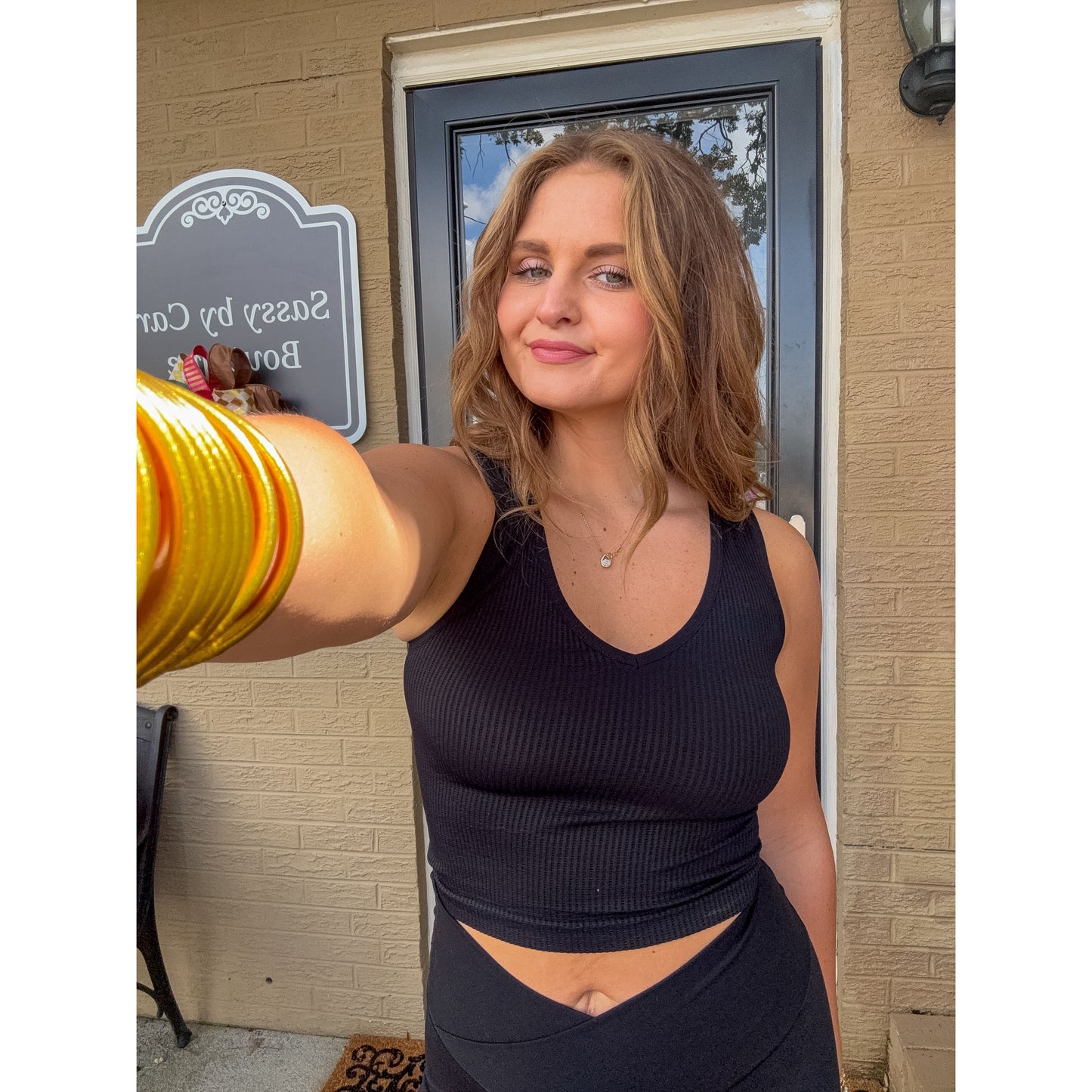 V Neck Ribbed Crop Top, Black
