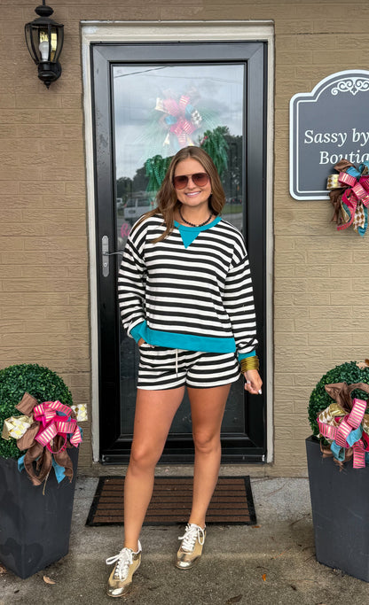 Henley Stripe Lounge Set, Black/Teal