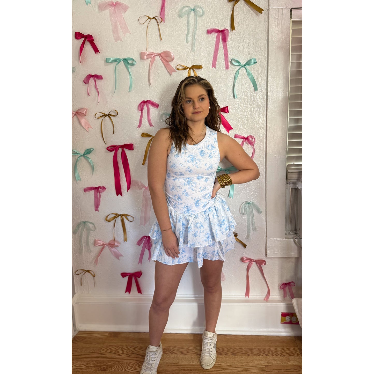 Floral Athleisure Romper, Baby Blue/White