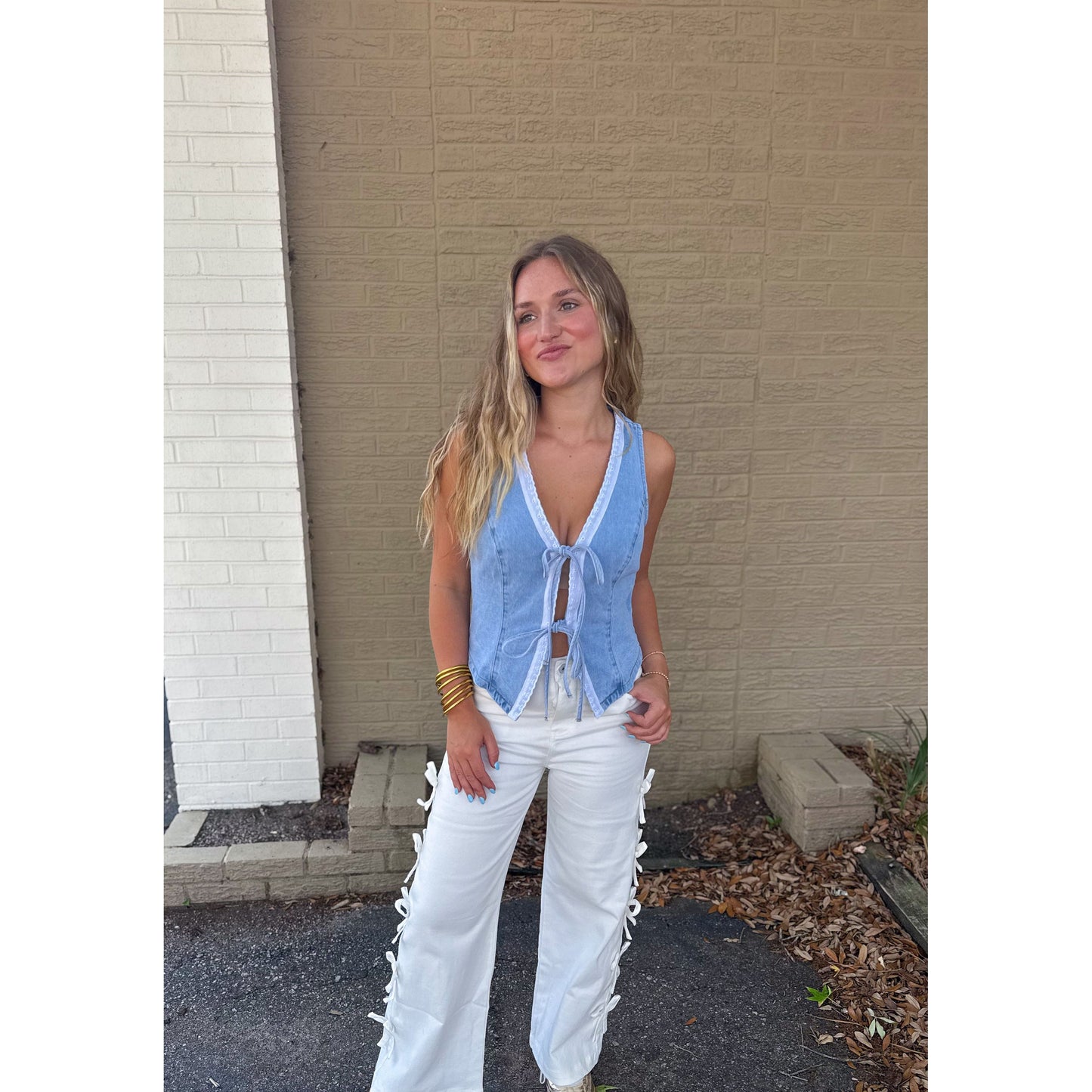 Denim Vest w/ Lace Time, Light Denim/White