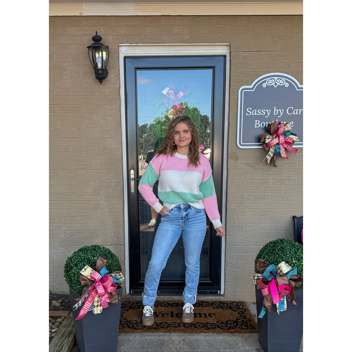 Aubrey Stripe Sweater, Pink/Green