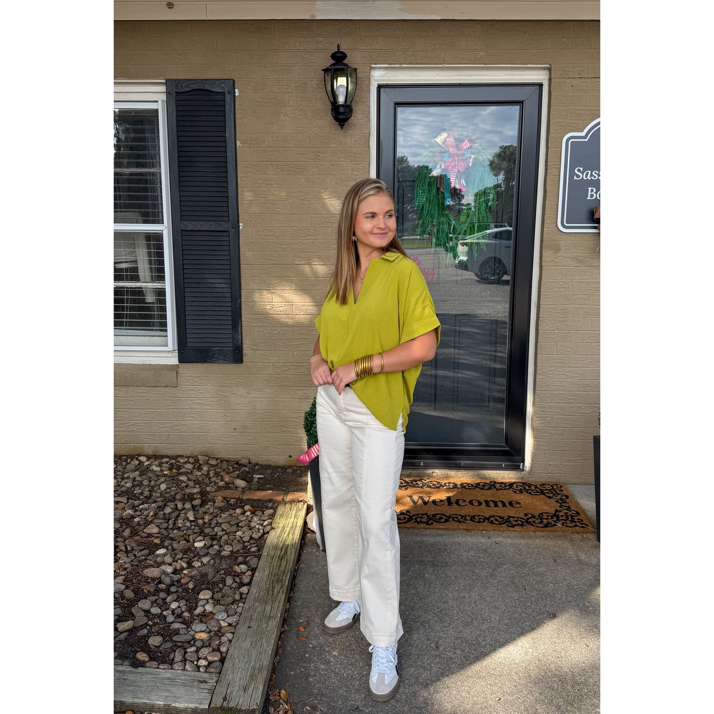 Julianna V-Neck/Collar Top, Chartreuse