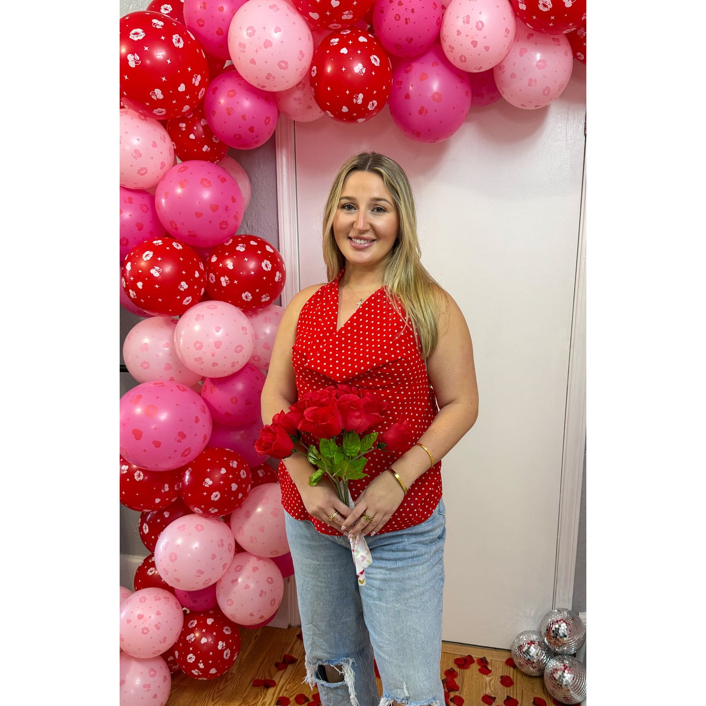 Polka Dot Detail Top, Cherry Red/White