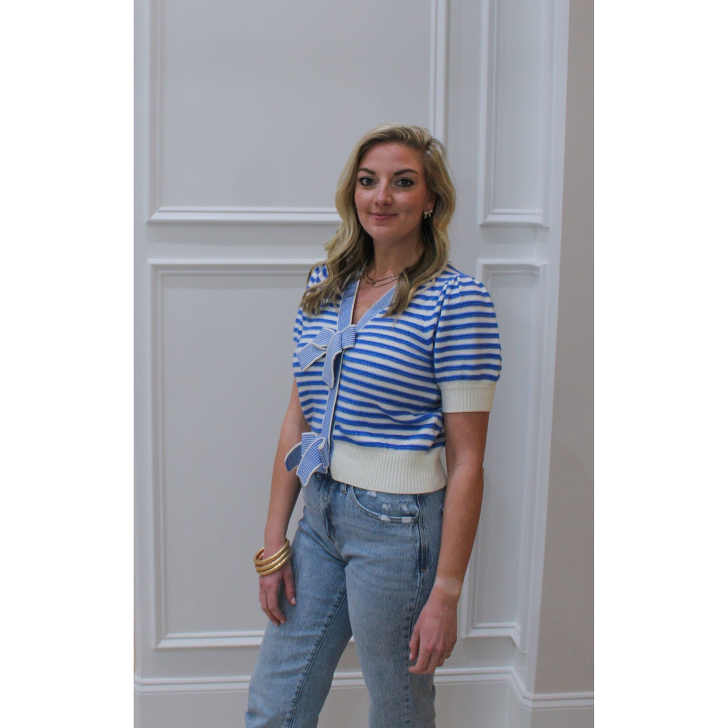 Phoebe Stripe Top, Blue/Cream