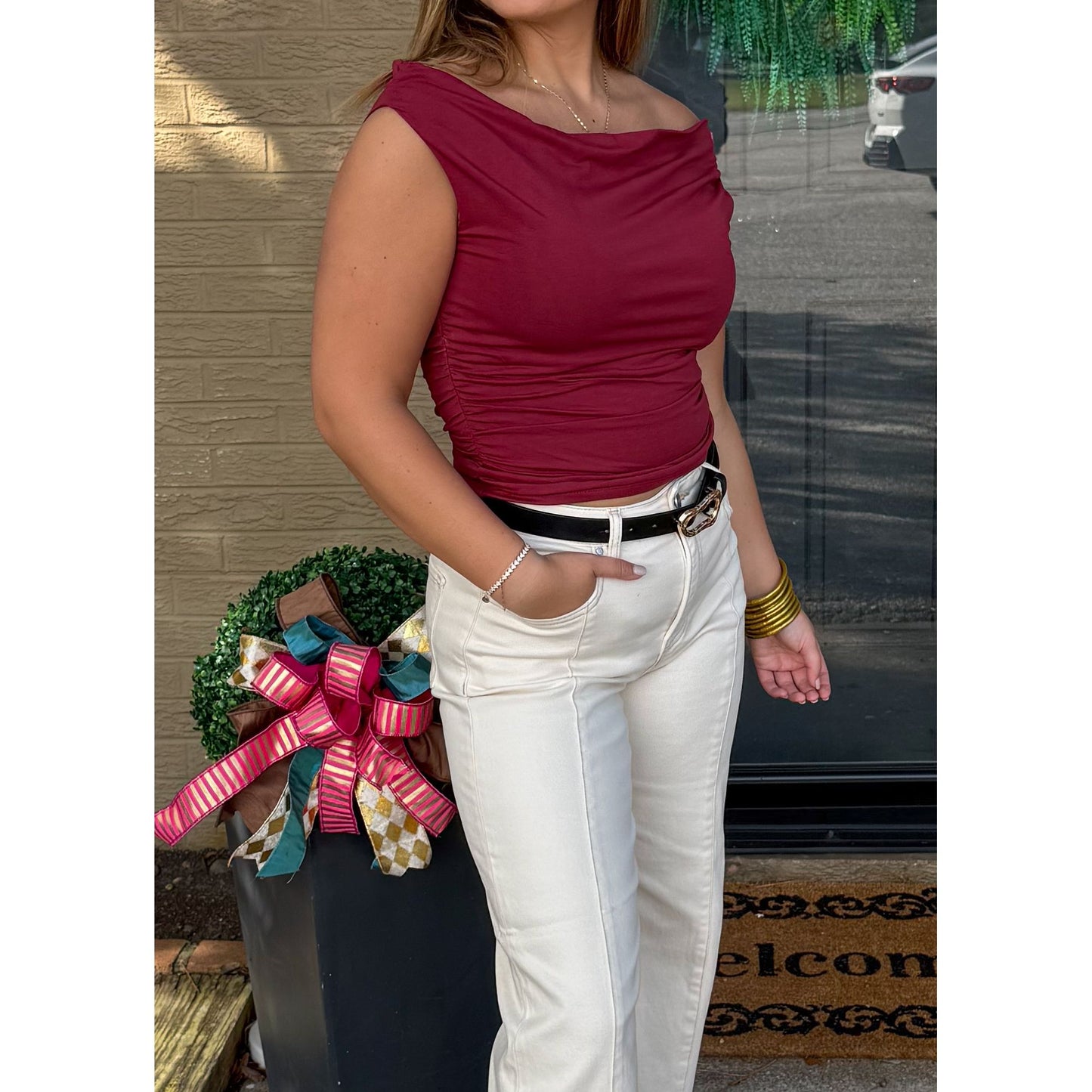 Asymmetrical Neckline Top, Burgundy