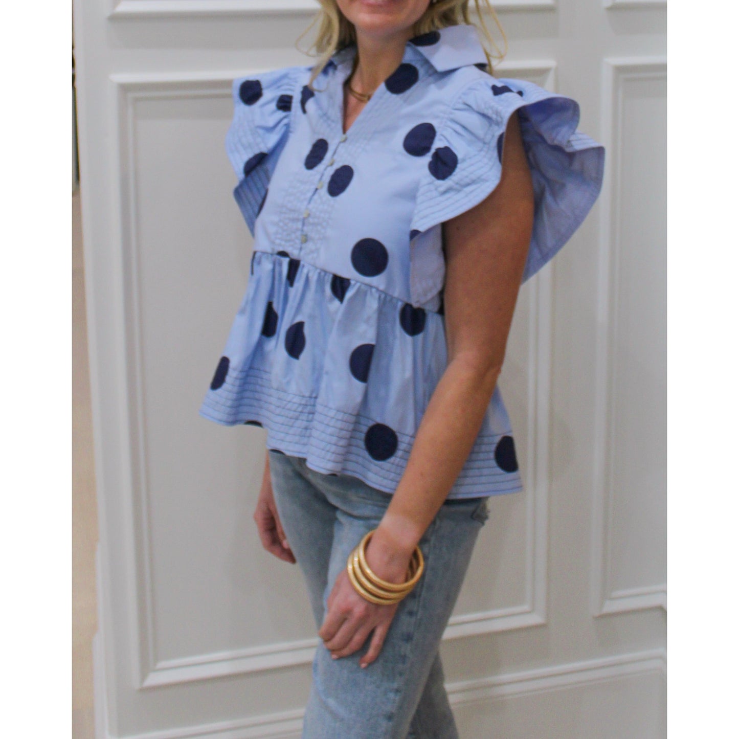 Polka Dot Ruffle Blouse, Navy Multi