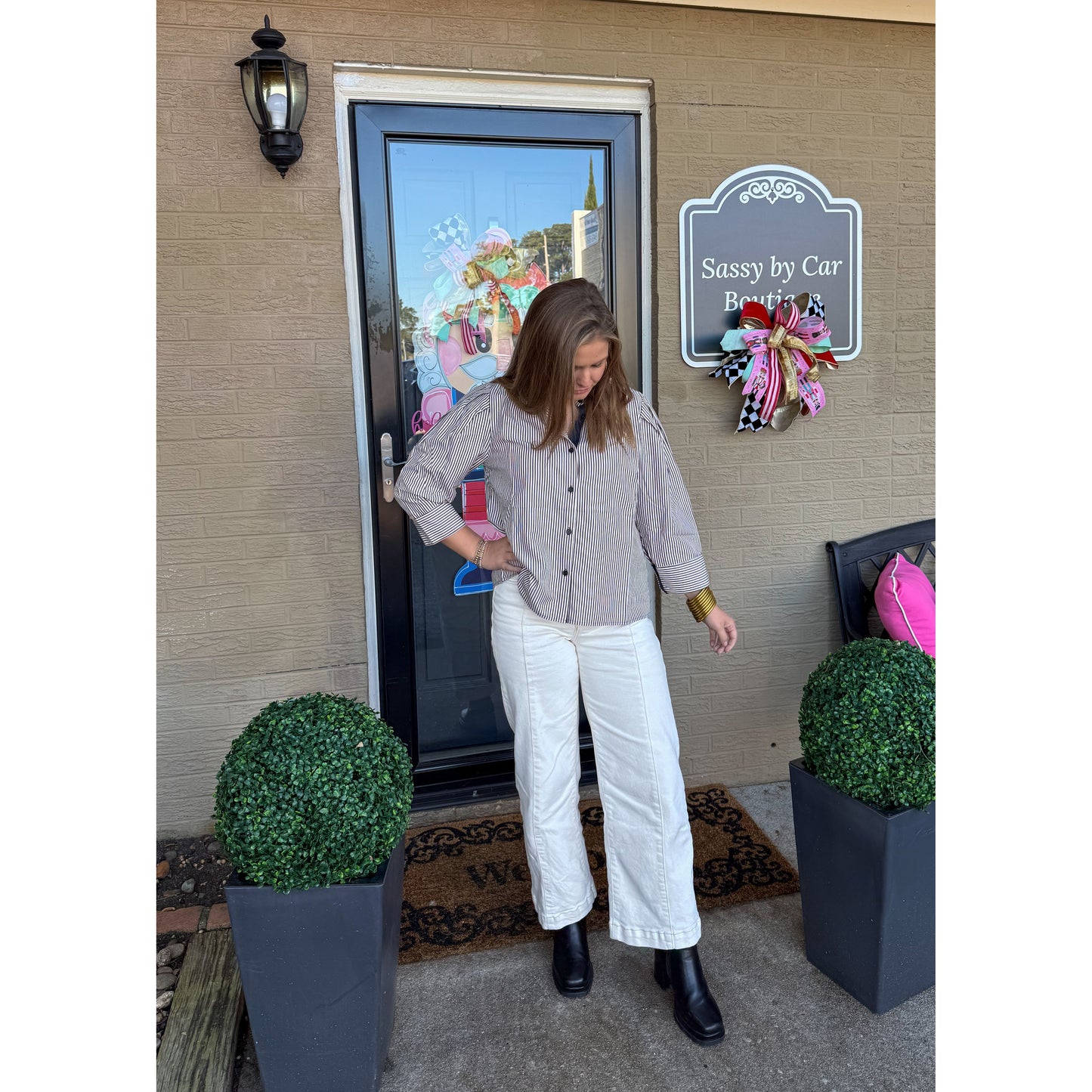 Tatum Stripe Blouse, Navy/Cream