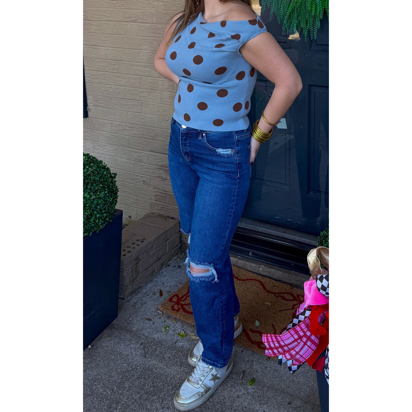 Polka Dot Asymmetrical Detail Top, Blue/Brown