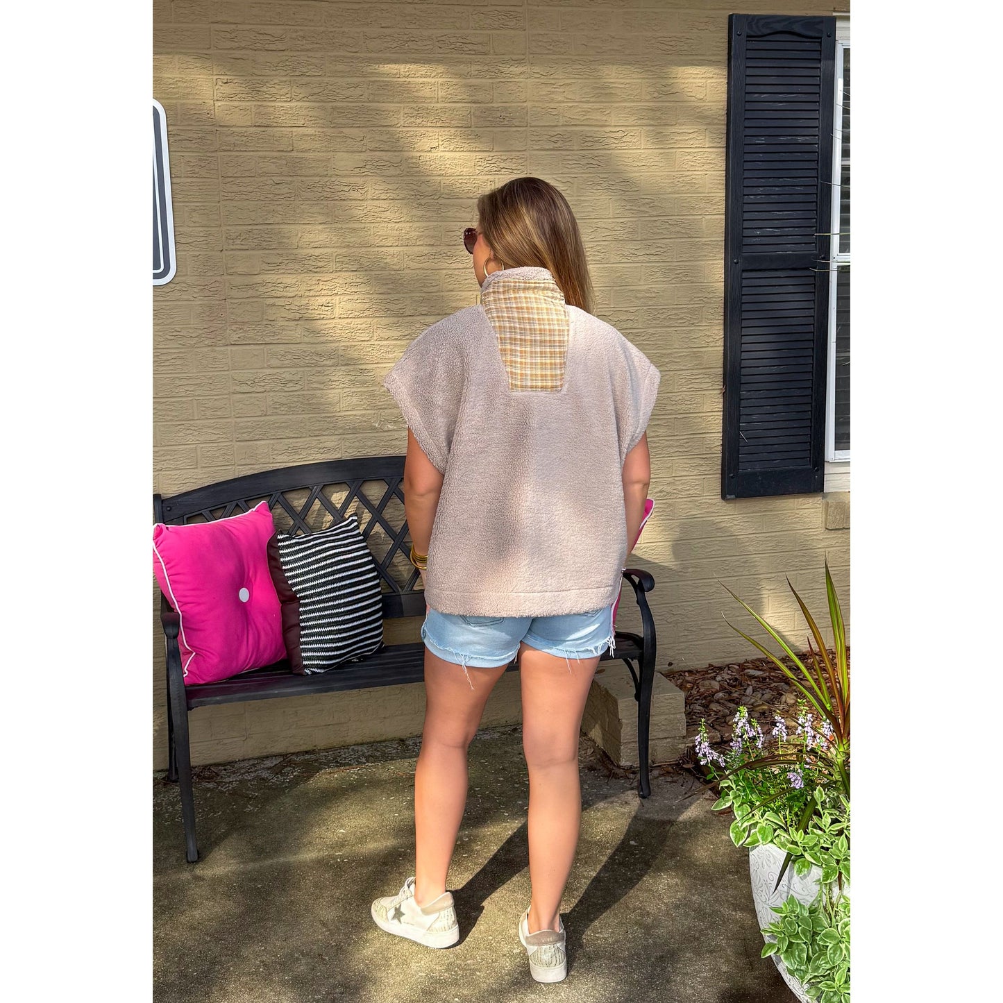 Maisie Sherpa Vest w/ Plaid Detail, Taupe Multi